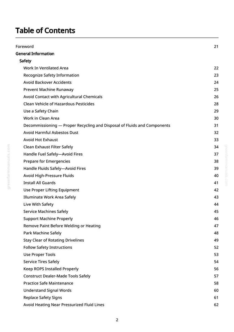 May include: A white page with a black Table of Contents. The document lists safety topics such as "Work in Ventilated Area", "Avoid Backover Accidents", and "Handle Fuel Safely-Avoid Fires". The page numbers are listed on the right.