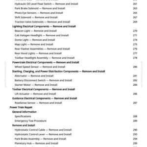 Pu&ograve; includere: Una pagina bianca di un manuale con un sommario dettagliato. I titoli includono Componenti elettrici idraulici, Componenti elettrici di illuminazione e Componenti elettrici del gruppo propulsore. I numeri di pagina sono a destra.