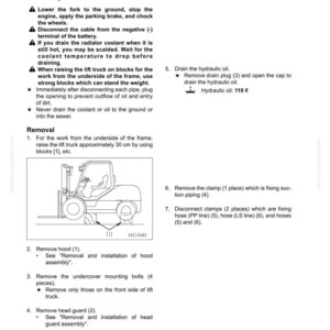 May include: Diagram from a manual detailing the removal and installation of work equipment and steering pump assembly. Includes a forklift illustration and numbered steps with text instructions. The text includes measurements in centimeters.