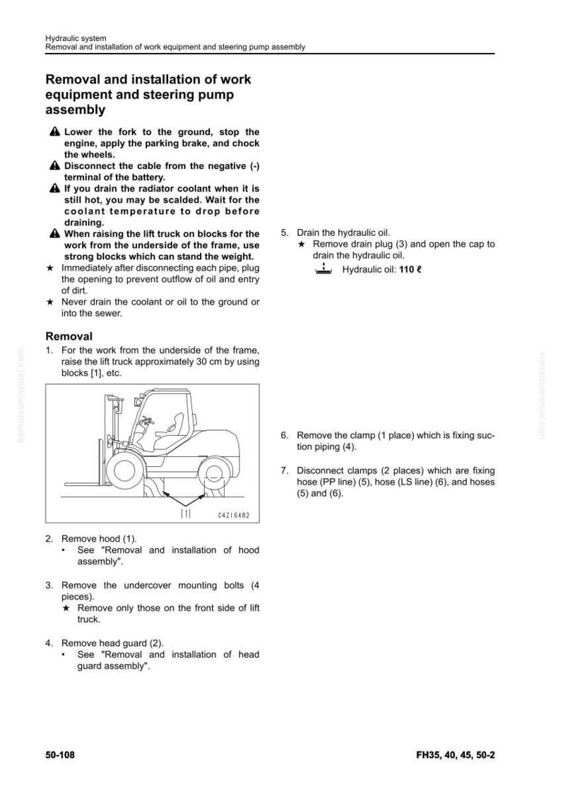 May include: Diagram from a manual detailing the removal and installation of work equipment and steering pump assembly. Includes a forklift illustration and numbered steps with text instructions. The text includes measurements in centimeters.