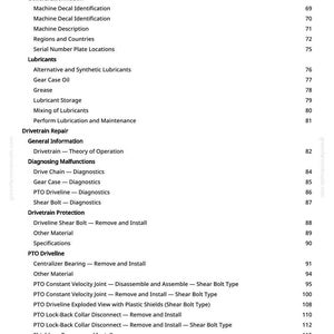 Puede incluir: Una p&aacute;gina blanca impresa de un manual con un &iacute;ndice detallado. El texto incluye t&iacute;tulos como "Conexi&oacute;n m&eacute;trica", "Lubricantes" y "Reparaci&oacute;n de la transmisi&oacute;n". Los n&uacute;meros de p&aacute;gina son visibles.