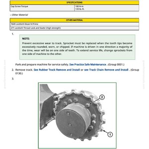May include: Diagram illustrating sprocket removal and installation, with specifications for cap screw torque at 133 lb.-ft. The image includes a detailed view of the sprocket and cap screws, with labels for each component. The text provides instructions and safety notes.