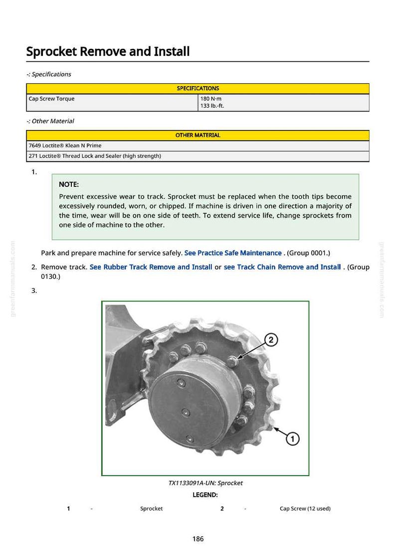 May include: Diagram illustrating sprocket removal and installation, with specifications for cap screw torque at 133 lb.-ft. The image includes a detailed view of the sprocket and cap screws, with labels for each component. The text provides instructions and safety notes.