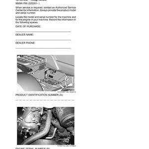 以下が含まれることがあります： TerrainCut Rough Mowerの製品識別ドキュメント。識別番号、購入日、販売店情報、芝刈り機のコンポーネント図を記録するためのセクションが含まれています。