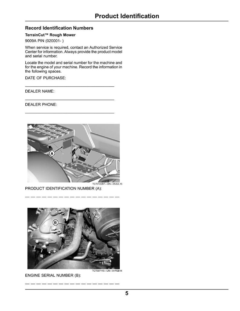 以下が含まれることがあります： TerrainCut Rough Mowerの製品識別ドキュメント。識別番号、購入日、販売店情報、芝刈り機のコンポーネント図を記録するためのセクションが含まれています。