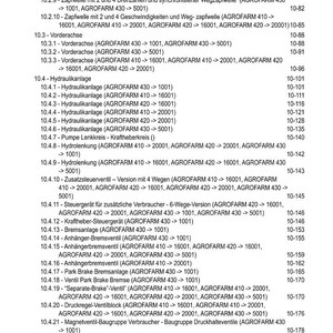 May include: A detailed table of contents in black text on a white background. The document lists various tractor components, including hydraulic systems, brakes, and valves, with corresponding page numbers. The title "INHALT" is at the top.