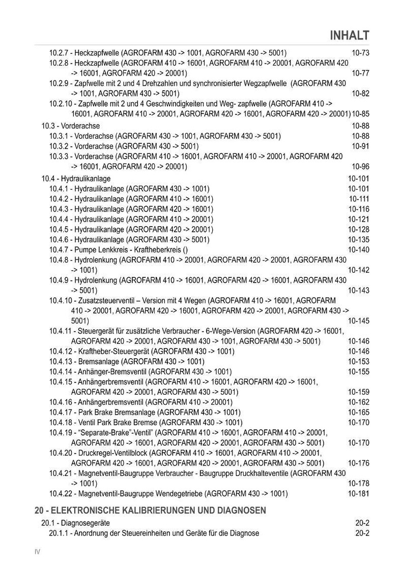 May include: A detailed table of contents in black text on a white background. The document lists various tractor components, including hydraulic systems, brakes, and valves, with corresponding page numbers. The title "INHALT" is at the top.