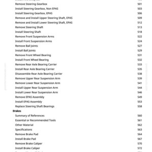 May include: A white page with a list of automotive repair procedures, including "Remove Tie Rod End" and "Install Brake Line." Numbers are listed to the right of each procedure. The page is from a repair manual.
