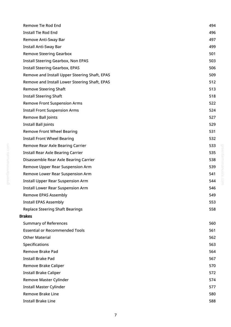 May include: A white page with a list of automotive repair procedures, including "Remove Tie Rod End" and "Install Brake Line." Numbers are listed to the right of each procedure. The page is from a repair manual.