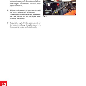 May include: Page from a manual titled "Heater" with instructions for servicing the heater. The page includes text, a diagram of engine components, and the number 12 in a red box. The manual is for the MF 7100 Series.