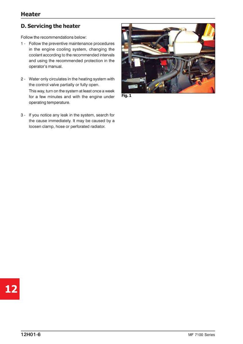 May include: Page from a manual titled "Heater" with instructions for servicing the heater. The page includes text, a diagram of engine components, and the number 12 in a red box. The manual is for the MF 7100 Series.