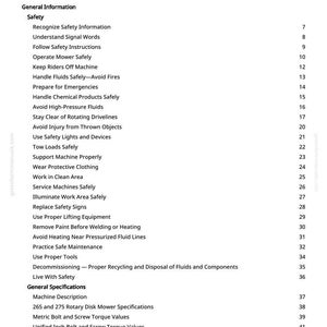 May include: A white page with a black table of contents for a manual. The table lists safety information, general specifications, and lubricant topics. The text includes "Operate Mower Safely" and "Avoid Injury from Thrown Objects".
