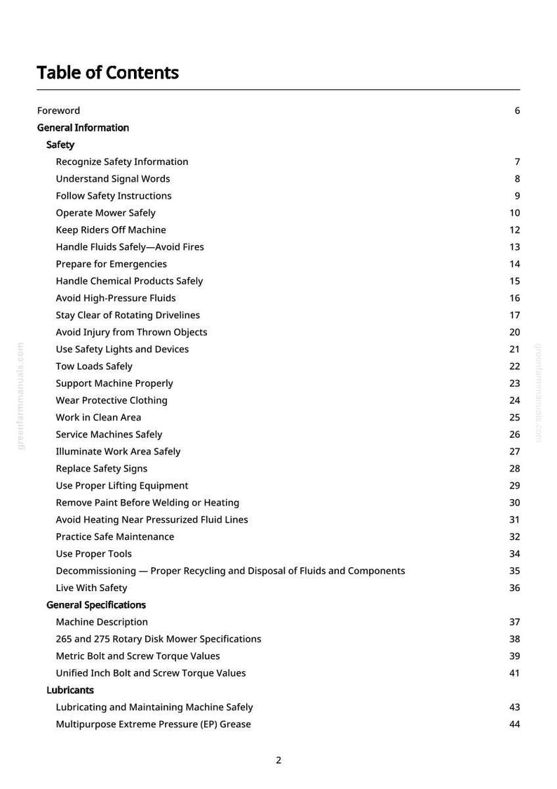 May include: A white page with a black table of contents for a manual. The table lists safety information, general specifications, and lubricant topics. The text includes "Operate Mower Safely" and "Avoid Injury from Thrown Objects".