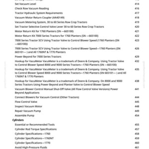 May include: A manual page detailing specifications for agricultural machinery. The text includes sections on "Vacuum Motor," "Cylinders," and "Flow Control Valve." The page number is visible at the bottom of the page.