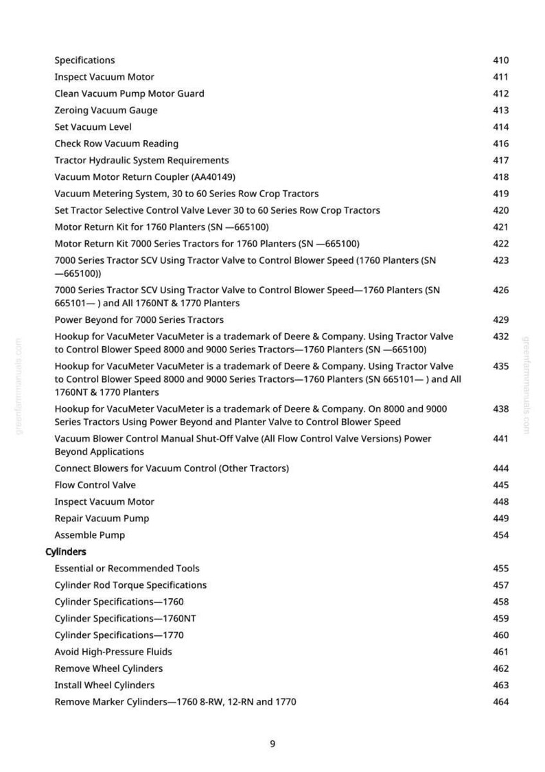 May include: A manual page detailing specifications for agricultural machinery. The text includes sections on "Vacuum Motor," "Cylinders," and "Flow Control Valve." The page number is visible at the bottom of the page.