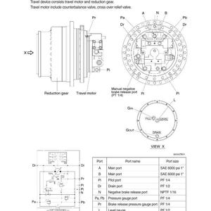 K&ouml;nnte beinhalten: Technisches Diagramm eines Fahrwerks, das ein Untersetzungsgetriebe, einen Fahrmotor und einen Hydraulikkreislauf zeigt. Enth&auml;lt Anschlussbezeichnungen, Namen und Gr&ouml;&szlig;en, mit Messungen in psi und Zoll.