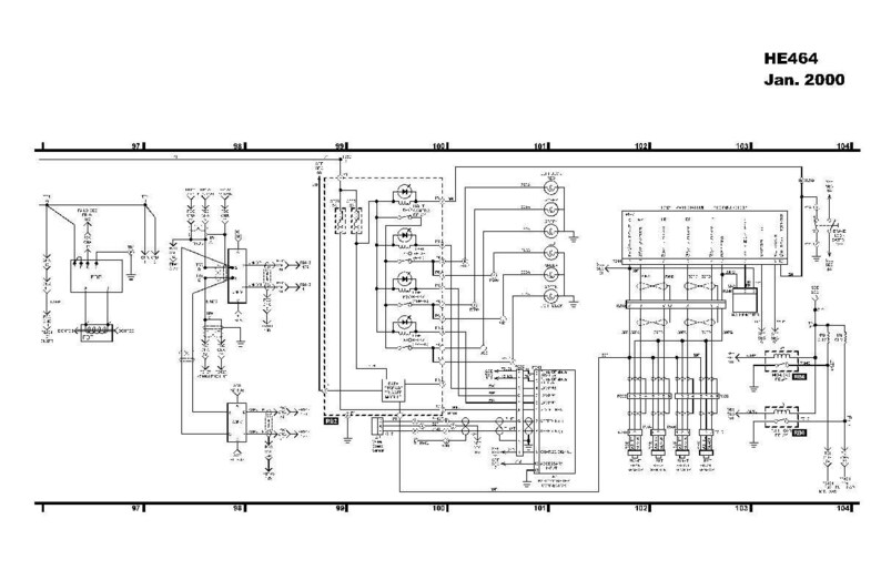 K&ouml;nnte beinhalten: Ein detailliertes Schwarz-Wei&szlig;-Schaltbild mit zahlreichen Linien, Symbolen und Komponenten. Der Text "HE464 Jan. 2000" ist oben rechts sichtbar. Das Diagramm scheint ein elektrischer oder technischer Bauplan zu sein.