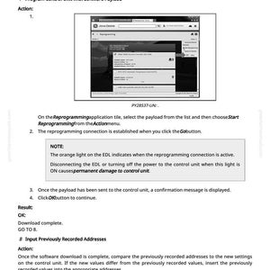 Pu&ograve; includere: Uno screenshot di un'applicazione software John Deere, che illustra il processo di riprogrammazione di un'unit&agrave; di controllo. L'immagine include istruzioni testuali e un avvertimento sulla disconnessione dell'EDL. Il documento &egrave; etichettato PY28537-UN.