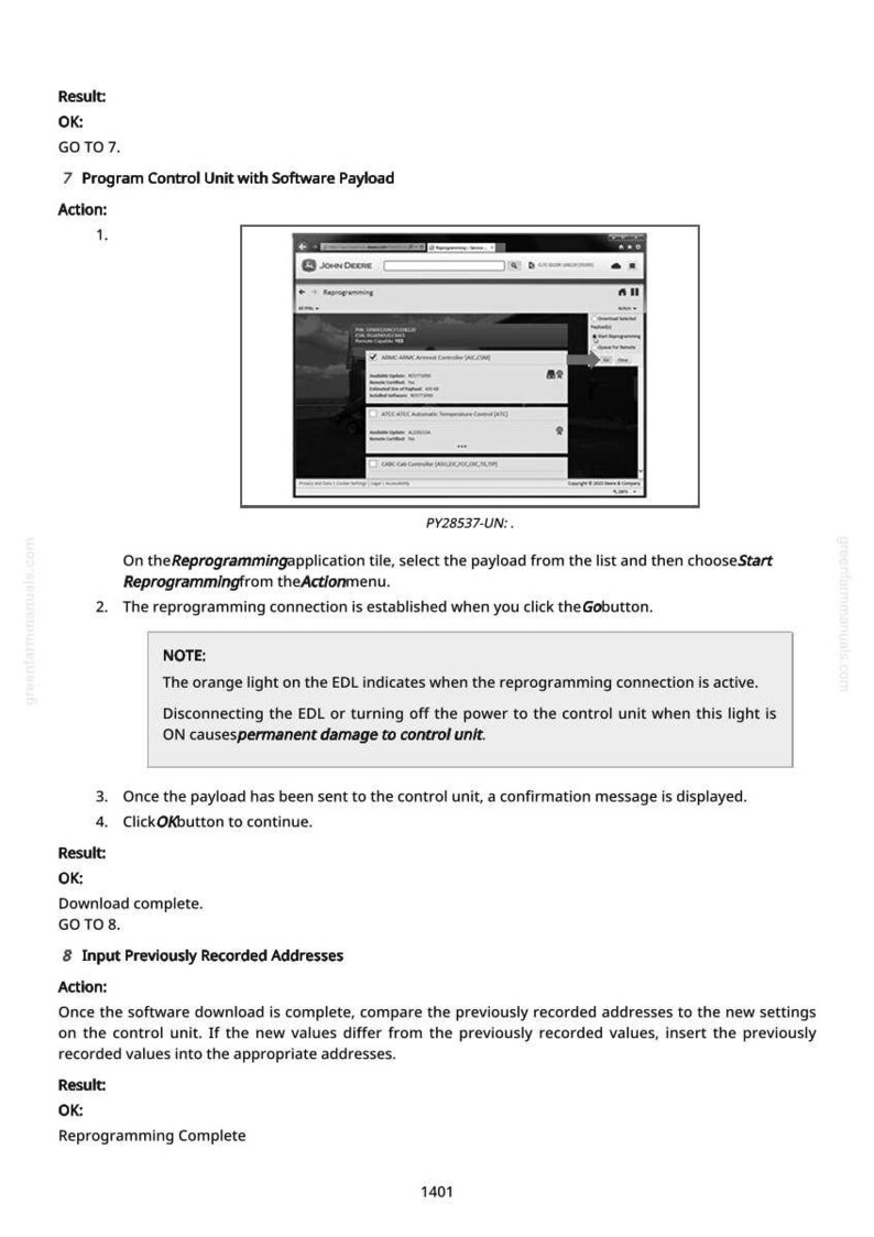 Pu&ograve; includere: Uno screenshot di un'applicazione software John Deere, che illustra il processo di riprogrammazione di un'unit&agrave; di controllo. L'immagine include istruzioni testuali e un avvertimento sulla disconnessione dell'EDL. Il documento &egrave; etichettato PY28537-UN.