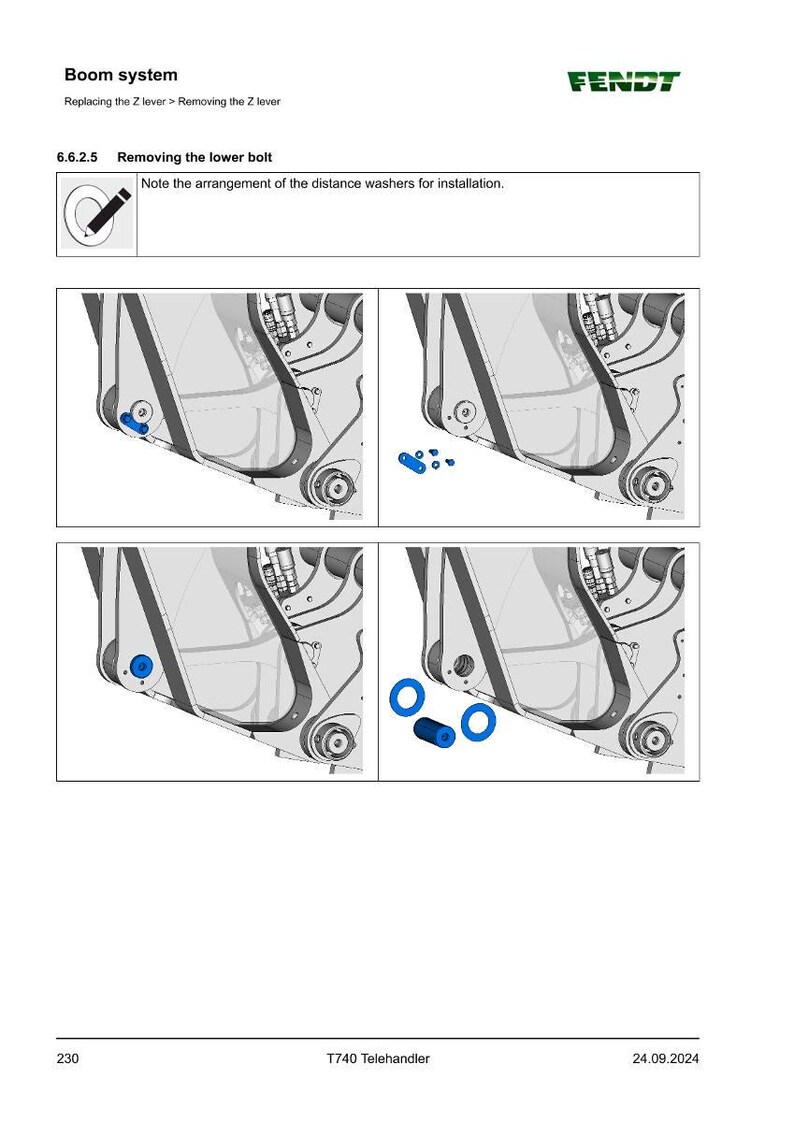May include: Diagram from a manual showing the process of removing the lower bolt on a boom system. The image includes the text "Boom system" and "Removing the lower bolt". The Fendt logo is visible.