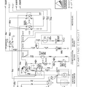 May include: Detailed electrical circuit diagram for a tractor, part of the "Workshop Service Manual - MF 400 Series." The diagram shows relays, switches, and a starter motor, with text labels and symbols for clarity.