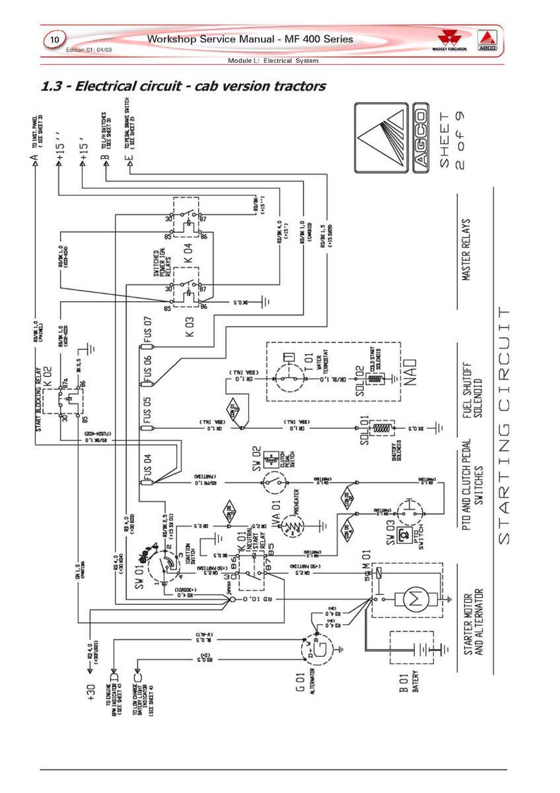 May include: Detailed electrical circuit diagram for a tractor, part of the "Workshop Service Manual - MF 400 Series." The diagram shows relays, switches, and a starter motor, with text labels and symbols for clarity.