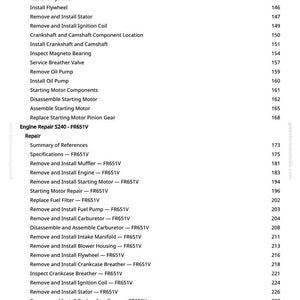 May include: A page from a repair manual with a list of engine repair procedures, including "Hone Cylinder Bore," "Remove Flywheel," and "Install Ignition Coil." The page also includes a table of contents with page numbers.