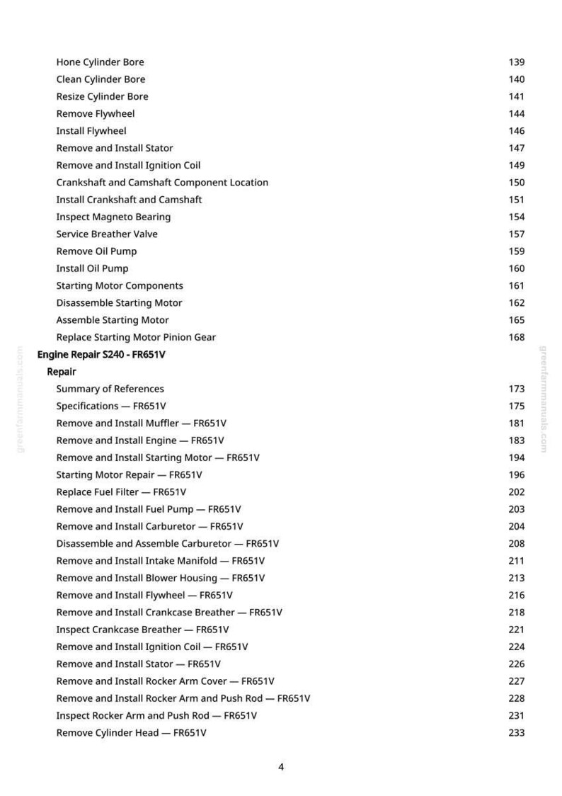 May include: A page from a repair manual with a list of engine repair procedures, including "Hone Cylinder Bore," "Remove Flywheel," and "Install Ignition Coil." The page also includes a table of contents with page numbers.