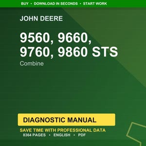以下が含まれることがあります： 緑色の背景に、John Deereのロゴと「9560, 9660, 9760, 9860 STS Combine」の文字。 下には「DIAGNOSTIC MANUAL」という文字が入った黄色の長方形があります。 「SAVE TIME WITH PROFESSIONAL DATA」の文字も表示されています。