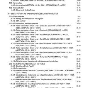 May include: A detailed table of contents from a manual, featuring a list of topics and page numbers. The document covers various aspects of a tractor, including hydraulics, brakes, and electronic calibrations. The text is in black on a white background.