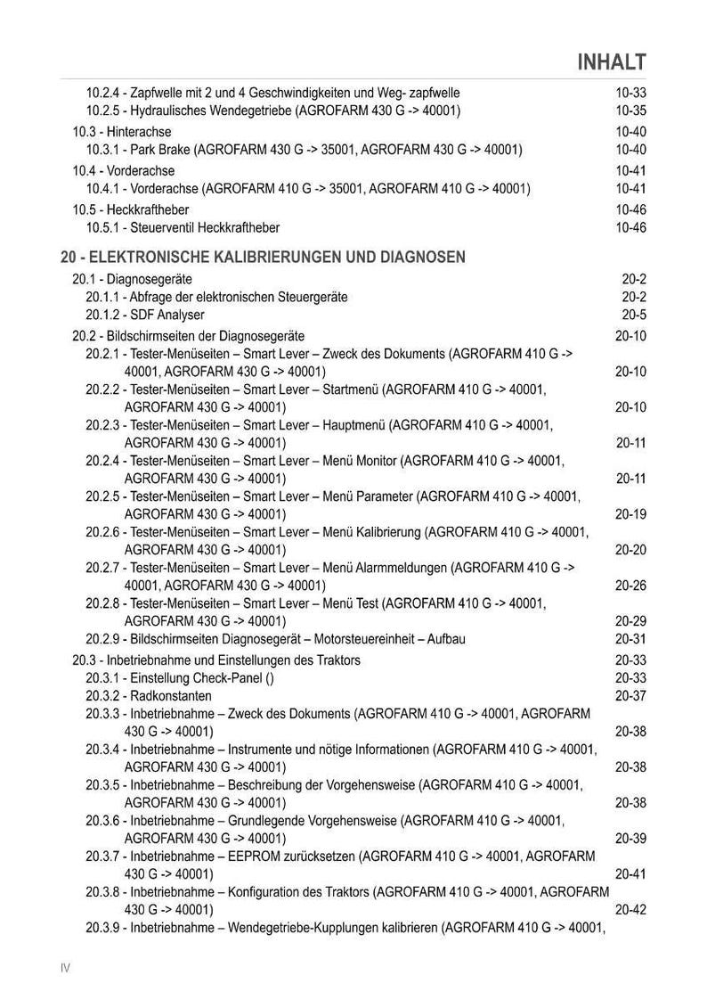 May include: A detailed table of contents from a manual, featuring a list of topics and page numbers. The document covers various aspects of a tractor, including hydraulics, brakes, and electronic calibrations. The text is in black on a white background.