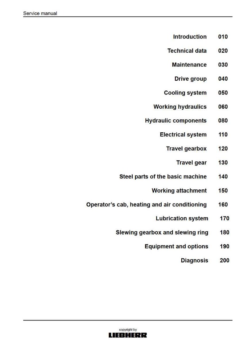 May include: A service manual with a white background. The table of contents includes sections on technical data, maintenance, cooling systems, and electrical systems. The Liebherr logo is at the bottom.