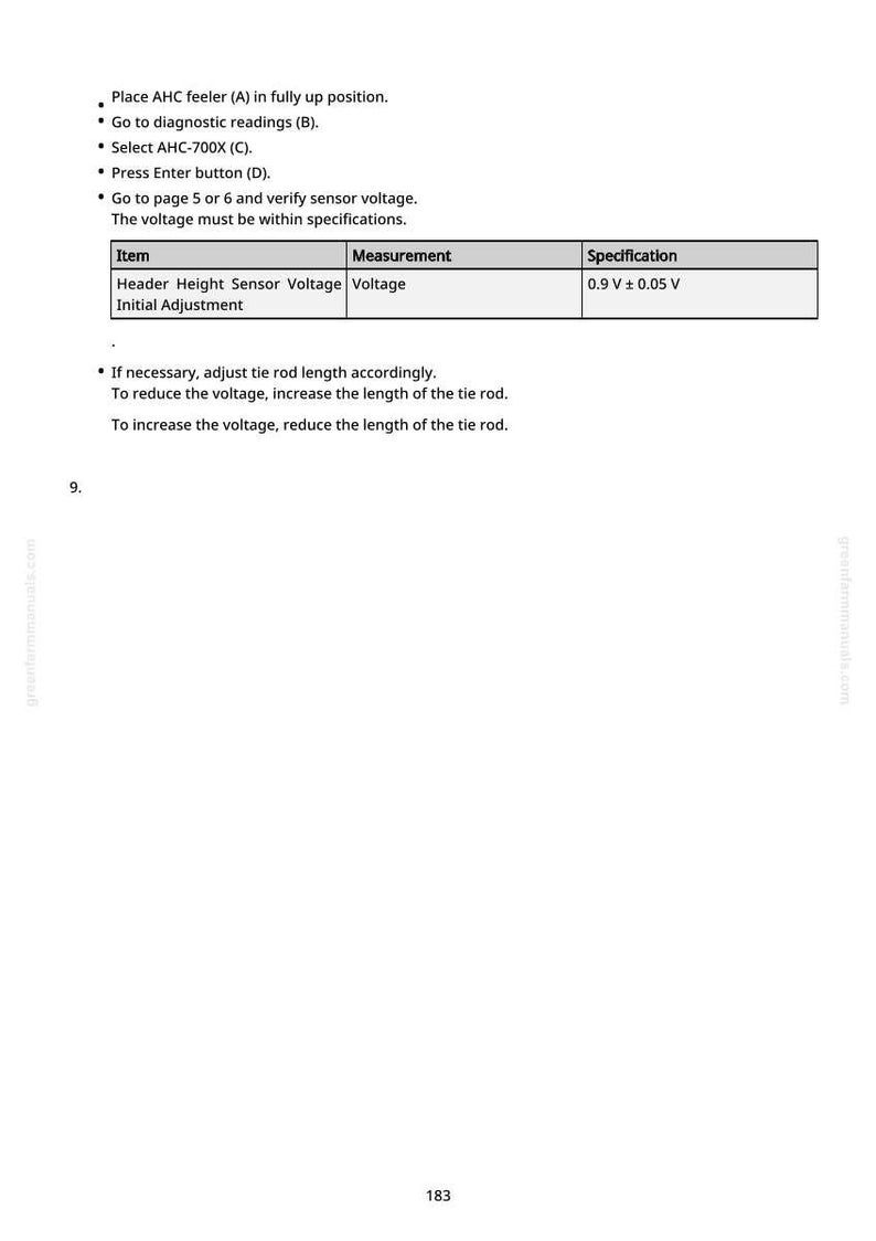 Pu&ograve; includere: Una pagina bianca di un manuale con istruzioni e specifiche per la regolazione della tensione. Il testo include passaggi come la selezione di AHC-700X e la verifica della tensione del sensore. Una tabella mostra una specifica di tensione di 0,9 V &plusmn; 0,05 V.