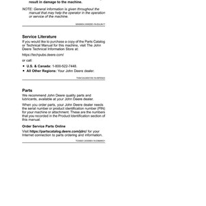 May include: A white page from a John Deere manual with the title "Introduction." The text provides instructions on avoiding damage, general information, and service literature. It includes a phone number and website for parts and service.