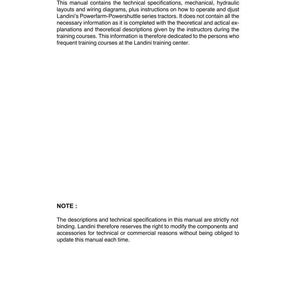 May include: A white document with the title "PREFACE" at the top. The text describes technical specifications, diagrams, and instructions for Landini tractors. Below is a section titled "NOTE" and the text "PRE-SALE SERVICE Novembre 2005 42042 FABBRICO (RE) ITALY".