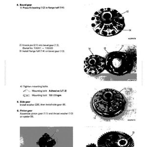 K&ouml;nnte beinhalten: Diagramm der Differentialbaugruppe mit beschrifteten Teilen. Enth&auml;lt Kegelr&auml;der, Flanschh&auml;lften und Befestigungsschrauben. Text gibt Schritte f&uuml;r Demontage und Montage an, mit Teilenummern und Seriennummernbereichen.