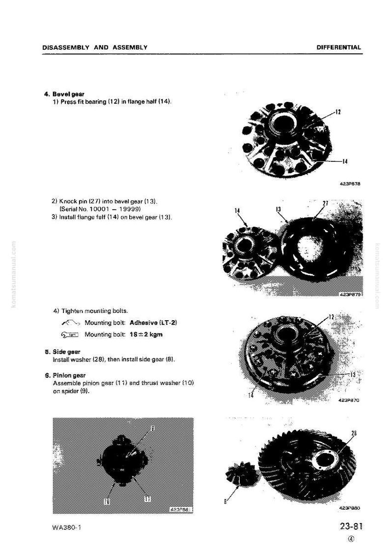 K&ouml;nnte beinhalten: Diagramm der Differentialbaugruppe mit beschrifteten Teilen. Enth&auml;lt Kegelr&auml;der, Flanschh&auml;lften und Befestigungsschrauben. Text gibt Schritte f&uuml;r Demontage und Montage an, mit Teilenummern und Seriennummernbereichen.