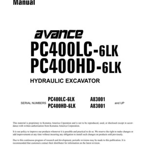 May include: A white shop manual with the text "Shop Manual" at the top. The manual features the "avance" logo and the text "PC400LC-6LK PC400HD-6LK HYDRAULIC EXCAVATOR". Serial numbers and copyright information are also included.