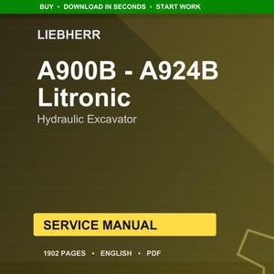 May include: A digital service manual for the Liebherr A900B - A924B Litronic Hydraulic Excavator. The cover is a gradient of olive green and brown with white text. The manual is 1902 pages long and in English.