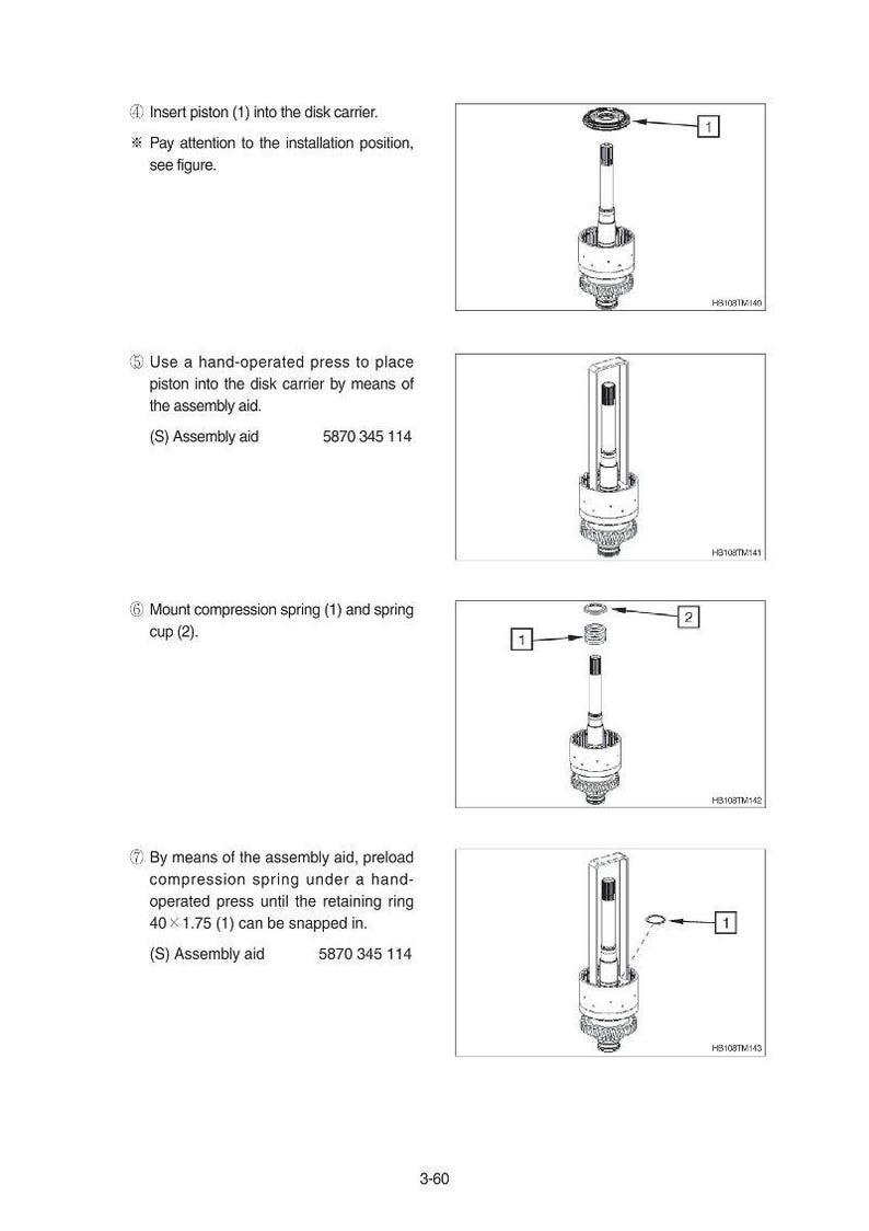 May include: Diagram showing the assembly of mechanical components. Includes numbered steps with illustrations of a piston, spring, and related parts. Text instructions are also included.