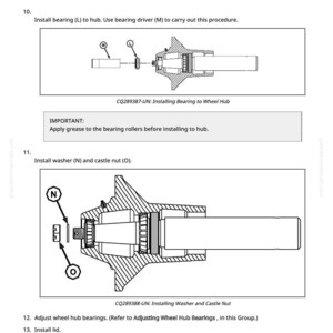 May include: Diagram illustrating the installation of a wheel hub bearing, washer, and castle nut. The image includes step-by-step instructions with labels and arrows, and the text "IMPORTANT: Apply grease to the bearing rollers before installing to wheel hub."