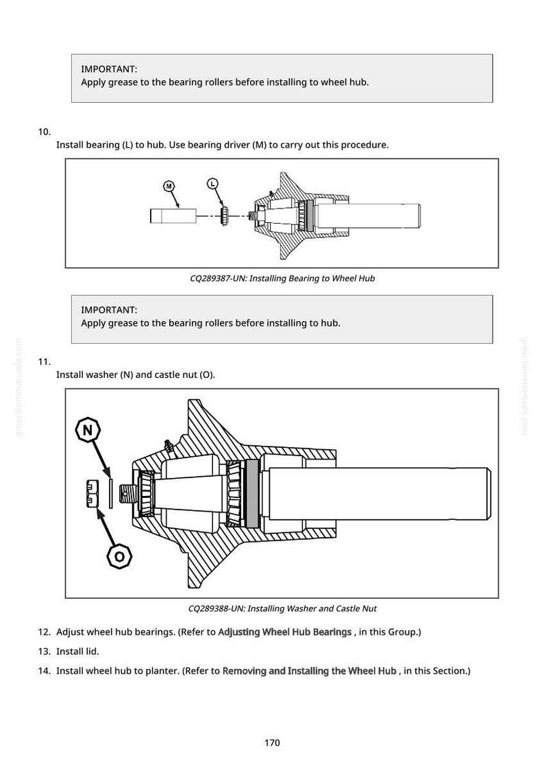 May include: Diagram illustrating the installation of a wheel hub bearing, washer, and castle nut. The image includes step-by-step instructions with labels and arrows, and the text "IMPORTANT: Apply grease to the bearing rollers before installing to wheel hub."