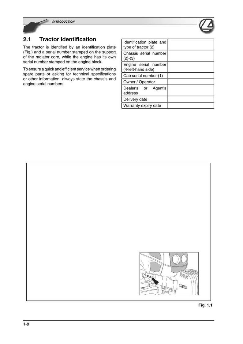 May include: A page from a tractor manual with the title "Tractor identification." The text explains how to identify a tractor using an identification plate and serial numbers. A diagram shows a tractor part.