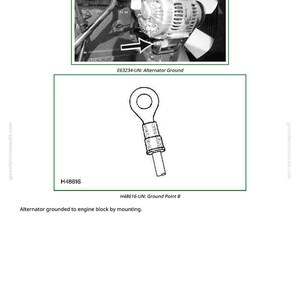 May include: Diagram showing an alternator and a ground point. The top image depicts an alternator with the text "E63234-UN: Alternator Ground." The bottom image is a diagram of a ground point with the text "H48616-UN: Ground Point B."