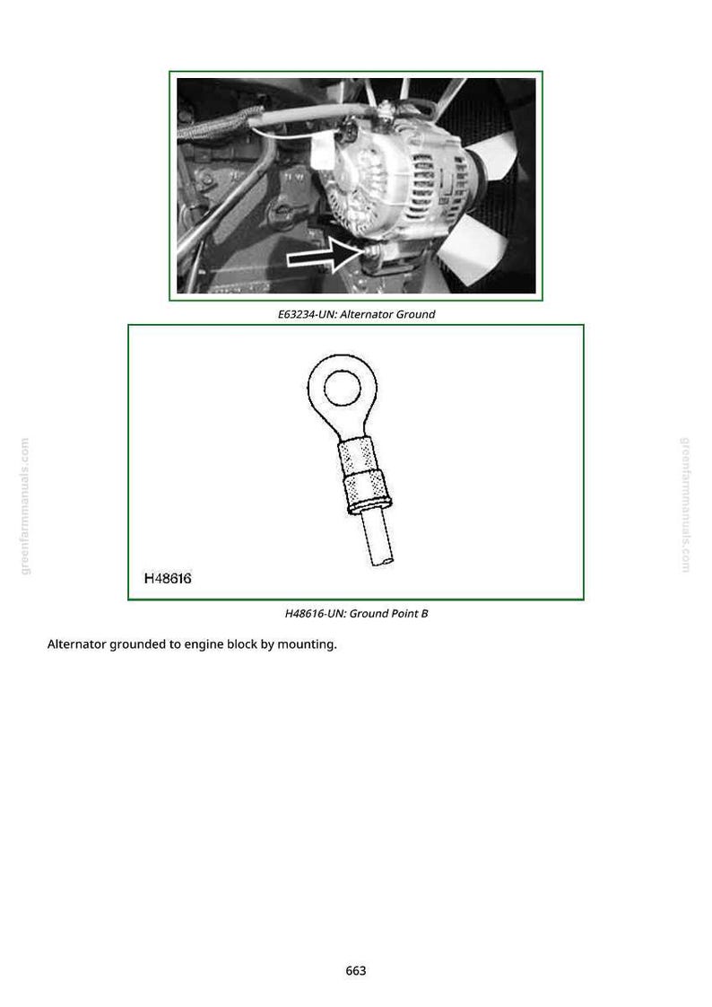 May include: Diagram showing an alternator and a ground point. The top image depicts an alternator with the text "E63234-UN: Alternator Ground." The bottom image is a diagram of a ground point with the text "H48616-UN: Ground Point B."