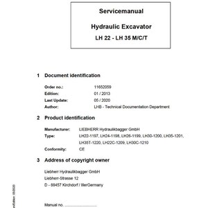 May include: A white Servicemanual for a Hydraulic Excavator, model LH 22 - LH 35 M/C/T. Includes document and product identification details, manufacturer information, and copyright details. The document is from LIEBHERR.