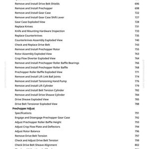 May include: A white page with a detailed table of contents for a mechanical repair manual. The text includes sections on prechopper repair, adjustment, and related components, with page numbers.