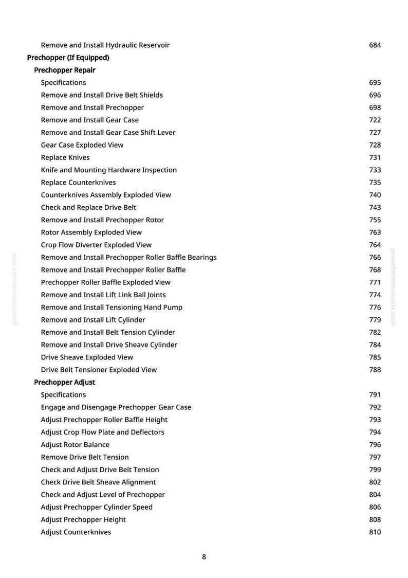 May include: A white page with a detailed table of contents for a mechanical repair manual. The text includes sections on prechopper repair, adjustment, and related components, with page numbers.