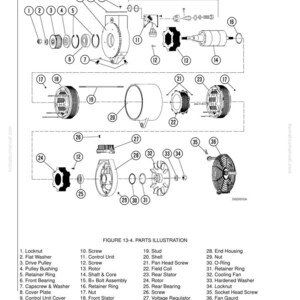 May include: An exploded diagram of a 24 VDC electric supply system with a 240 Amp Niehoff Alternator. The illustration shows various components, including a rotor, stator, and cooling fan, with labels for each part. The diagram is labeled "Figure 13-4. Parts Illustration."