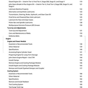 May include: A white page featuring a list of engine-related topics and page numbers. The text includes terms such as "Diesel Engine Oil," "Tune-Up and Adjustments," and "Cooling System." The website address "greenfarmmanuals.com" is visible.